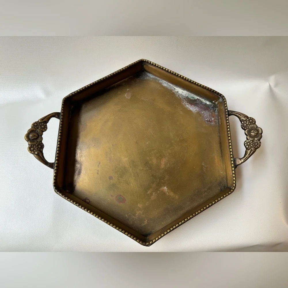 Hexagon Brass Footed Tray with Two Rose Detail Handles - Picture 3 of 6